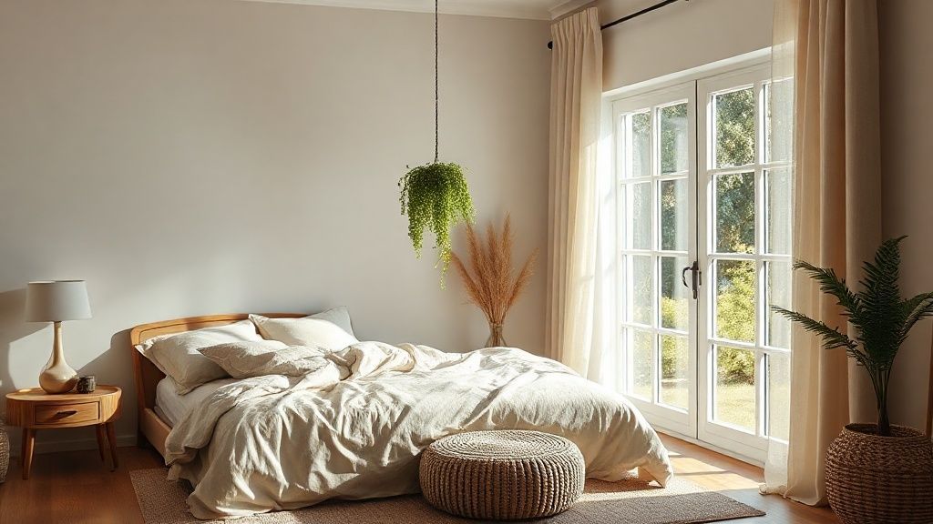 A sunlit bedroom corner by a large window, linen bedding in warm taupe, a hanging pothos, and a woven ottoman, exuding calm and warmth. 8k resolution, photorealistic, hyper-realistic, real life photography, cinematic lighting, masterpiece