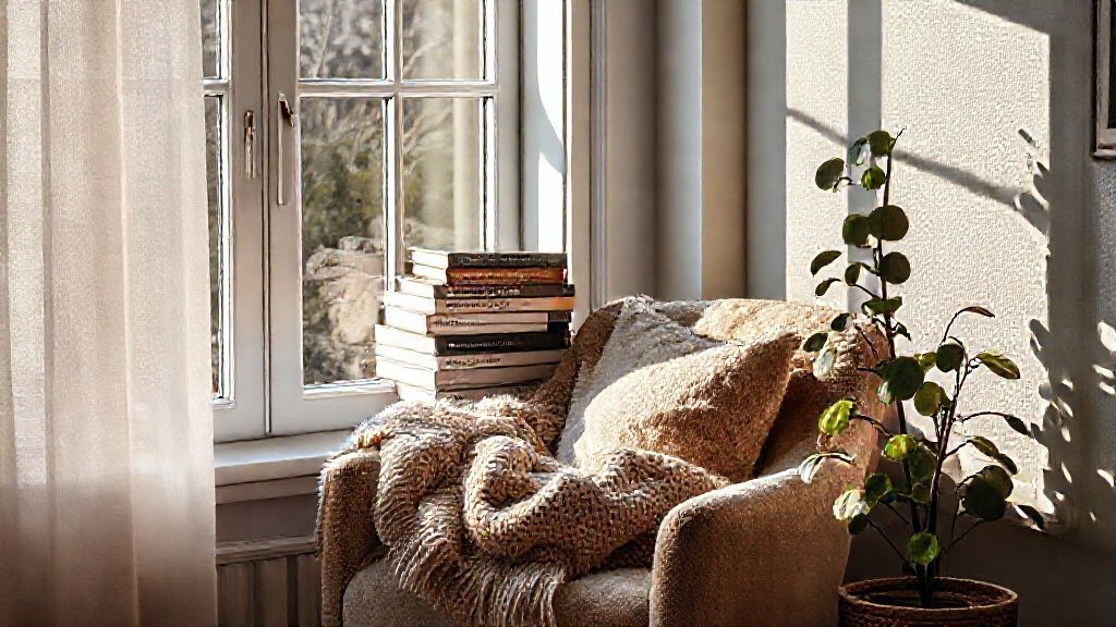 A cozy reading nook by the window with a plush armchair, textured throw, a stack of design books, and a trailing plant; 8k resolution, photorealistic, hyper-realistic, real life photography, cinematic lighting, masterpiece