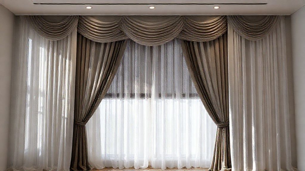 A window treatment setup showing layered drapes and sheer panels, blackout lining, with acoustic panels on the wall behind; 8k resolution, photorealistic, hyper-realistic, real life photography, cinematic lighting, masterpiece