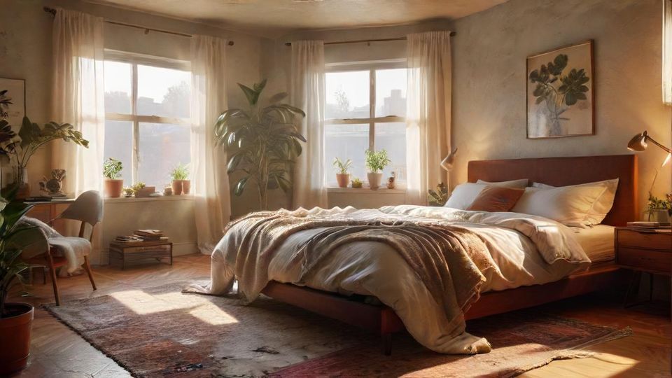 8k resolution, photorealistic, hyper-realistic, real life photography, cinematic lighting, masterpiece — a sunlit bedroom corner with a layered textile palette (linen, wool, velvet), a mid-century bed, plant accents, and sheer curtains.