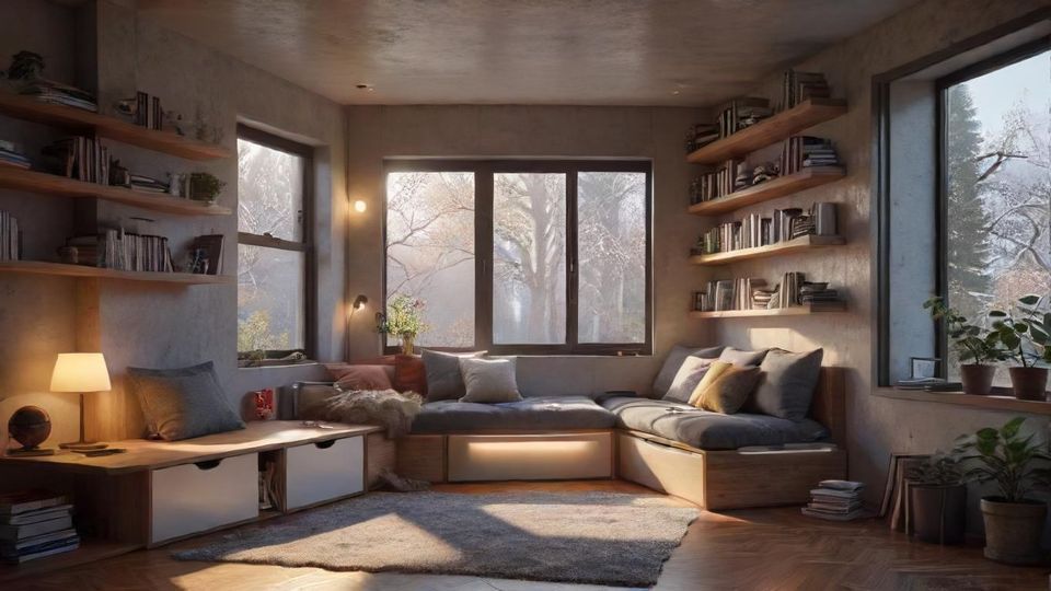 8k resolution, photorealistic, hyper-realistic, real life photography, cinematic lighting, masterpiece — a compact, modular storage setup integrated with a cozy reading nook and soft daylight through a large window.