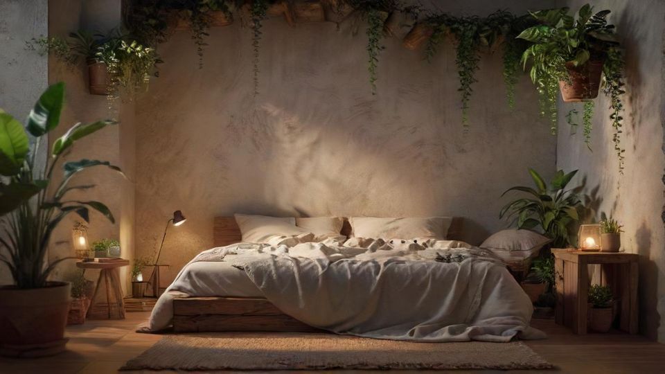 8k resolution, photorealistic, hyper-realistic, real life photography, cinematic lighting, masterpiece — a serene sleeping corner with a plant wall and natural textures.