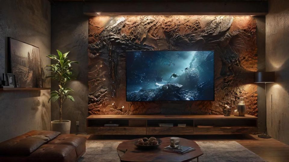 8k resolution, photorealistic, hyper-realistic, real life photography, cinematic lighting, masterpiece — a bold accent wall with texture, layered lighting, and curated artwork.