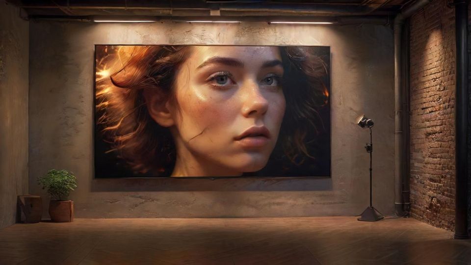 8k resolution, photorealistic, hyper-realistic, real life photography, cinematic lighting, masterpiece — a curated art wall balanced with warm lighting.