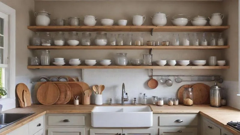 Open kitchen shelves styled with neatly arranged dishes and glass jars in a neutral palette