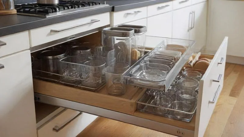 Practical kitchen storage with pullout organizers and glass containers on display