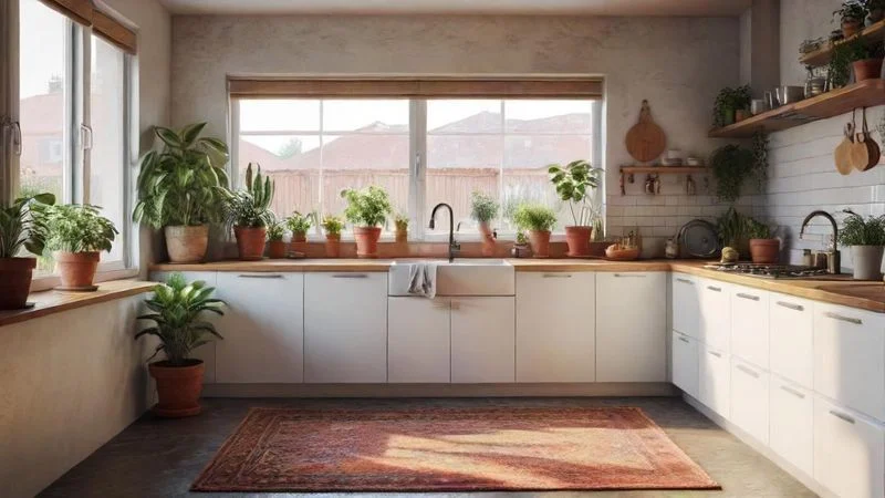 A cozy, modern kitchen corner with a warm rug and potted plants near the window