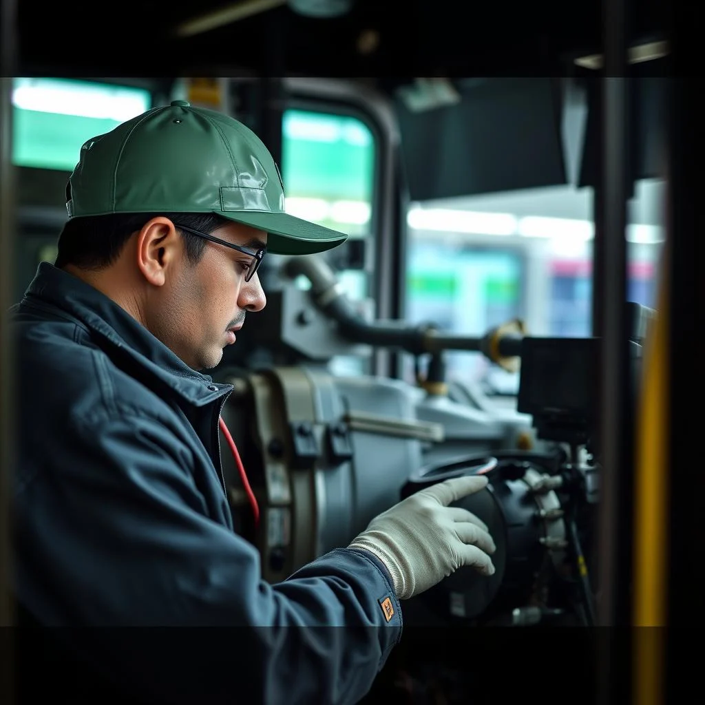 Detailed close-up of a technician performing diagnostic checks on a BRT bus engine