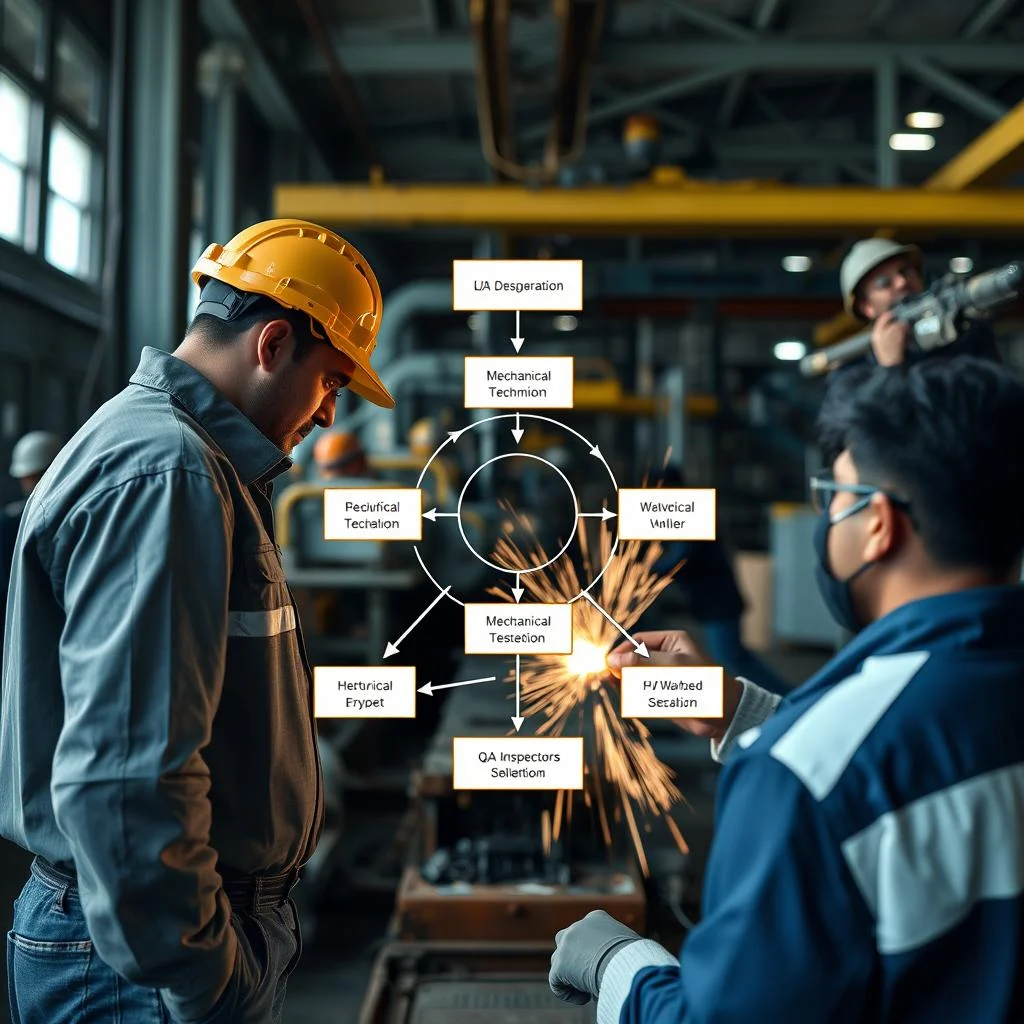 Diagram of shipyard workflow showing interaction between Mechanical Technicians, Welders, and QA Inspectors